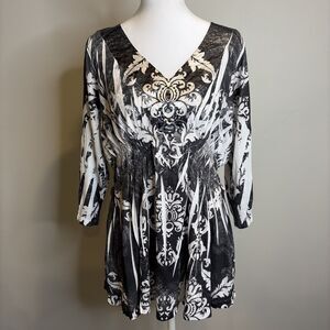 Unity World Wear Tunic Sz 1X Women Black White Sublimation Studded Boho *READ*